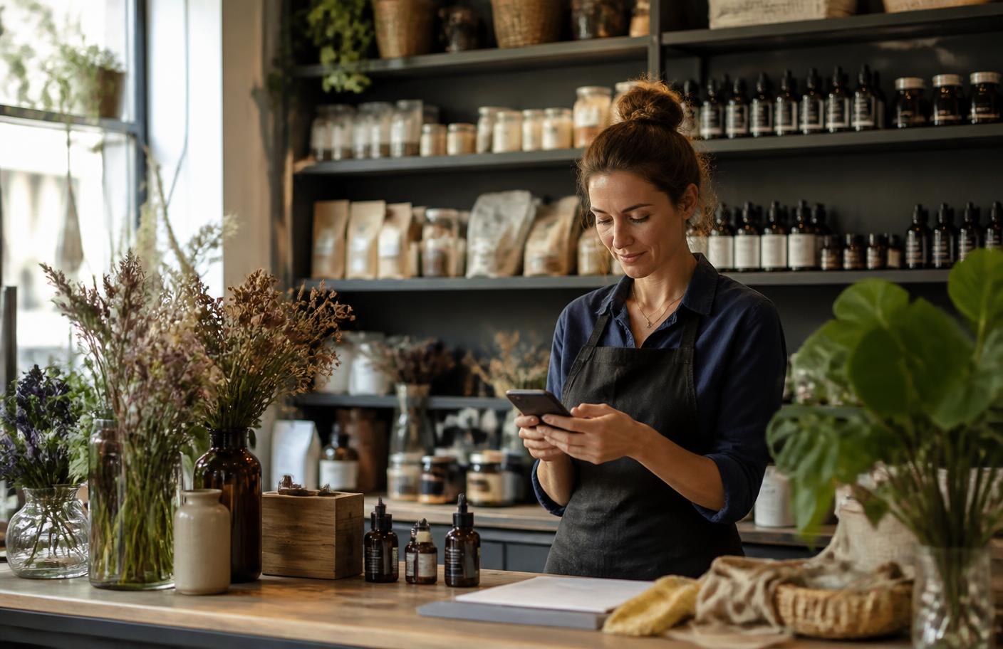 Un commerçant consulte son activité sur un ordinateur au comptoir